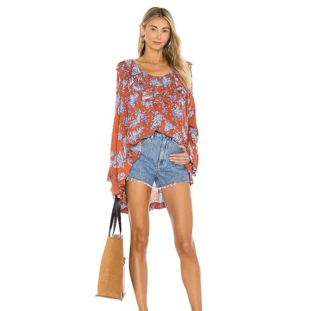 Free People Lorretta Floral Tunic Women's Size XS Brick Orange Ruffle Boho Fall